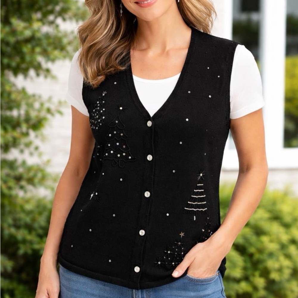 Hampshire Studio Vintage Women’s Size XL Christmas Trees Black Sweater Vest